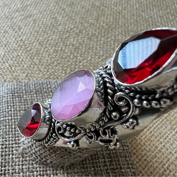 New Pink Cats Eye and Garnet Stone Silver Overlay Ring Size 7.5 - Picture 5 of 10